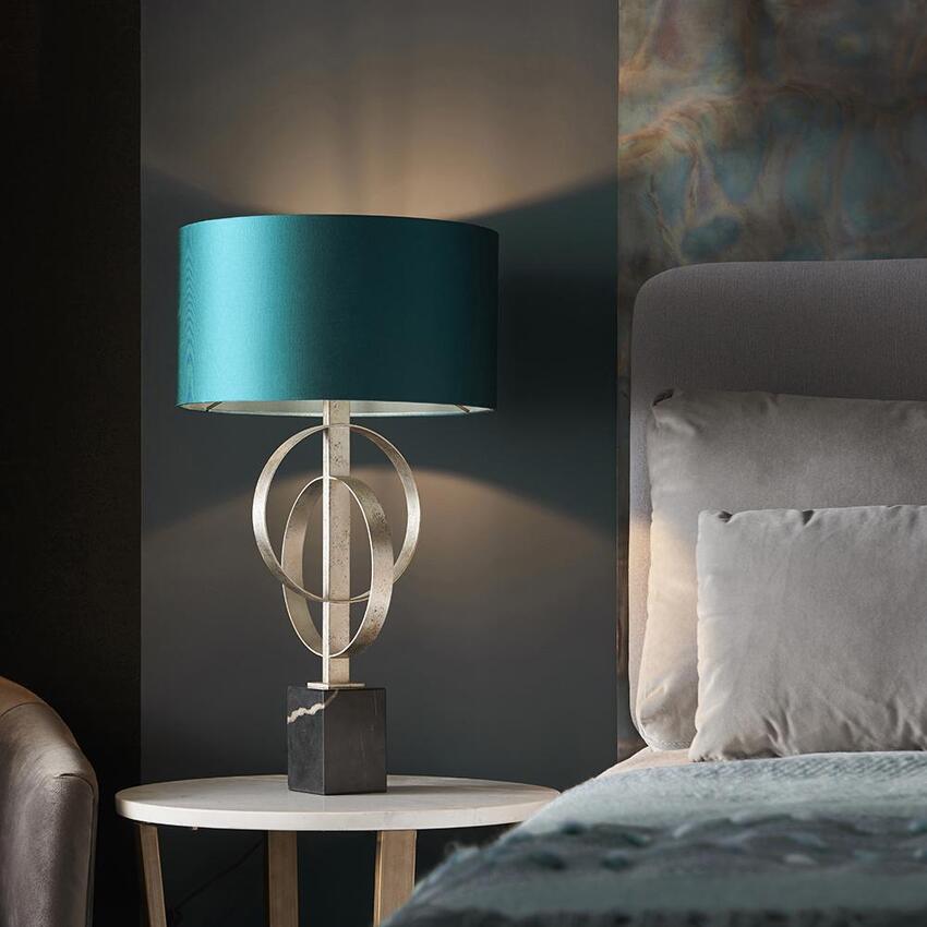 Photograph: Thorlight Noor Antique Silver Leaf & Black Marble Table Lamp Complete With Satin Teal Fabric Shade