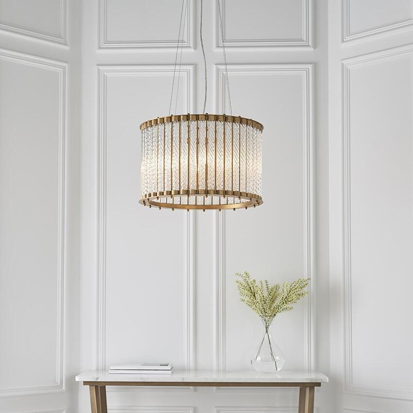 Photograph: Thorlight Ofir Matt Gold Finsih 6 Light Pendant Complete With Clear Twisted Glass Rods