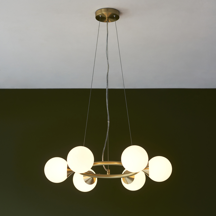 Photograph: Thorlight Orson 6 Light Round Pendant Satin Brushed Gold With Frosted Glass Globes