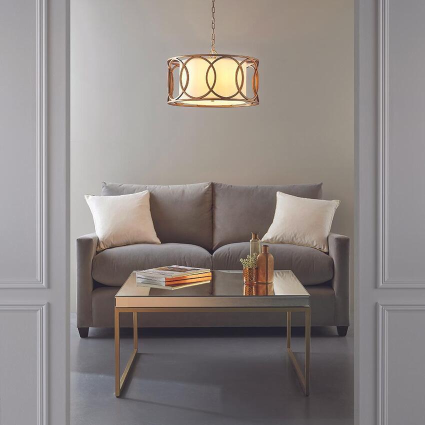 Photograph: Thorlight Raquel Brushed Gold Finish 4 Light Shaped Pendant Complete With White Fabric Shade