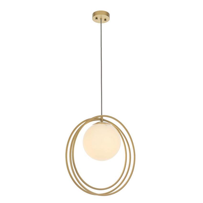 Photograph: Thorlight Ravi Brushed Gold Finish Single Pendant Light Complete With Glossy Opal Glass Globe