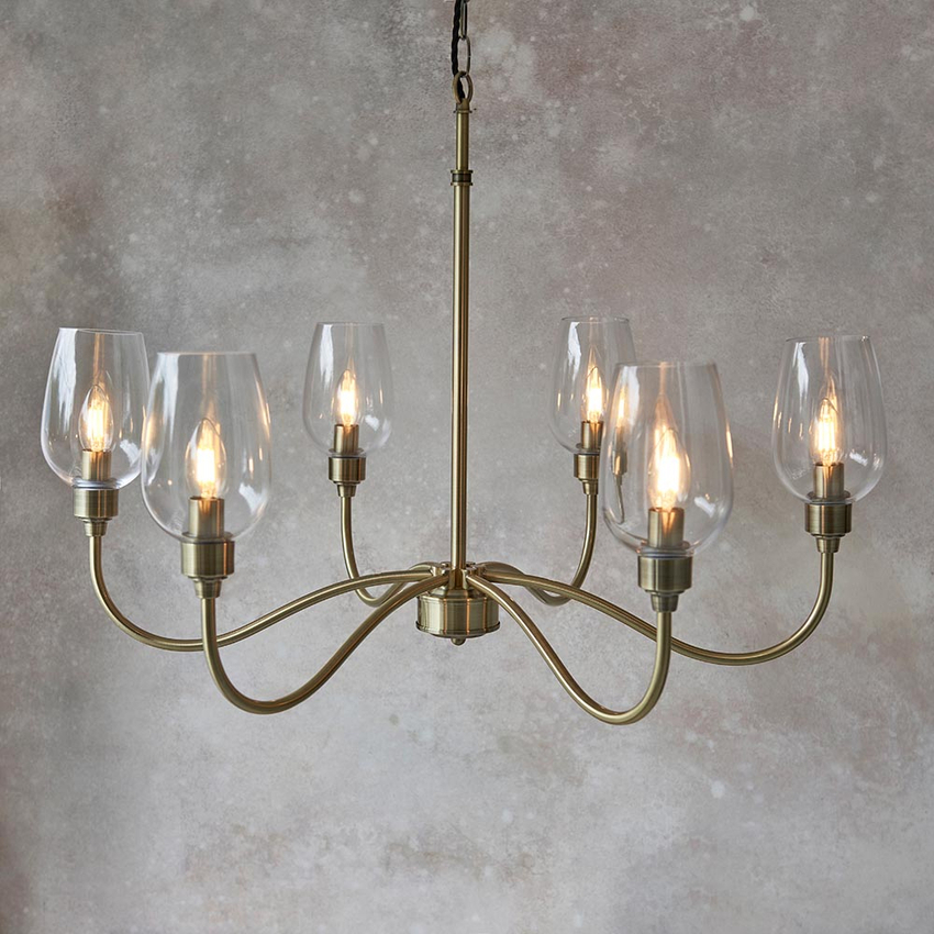 Photograph: Thorlight Royal Antique Brass 6 Light Chandelier Pendant Light Complete With Clear Glass Shades