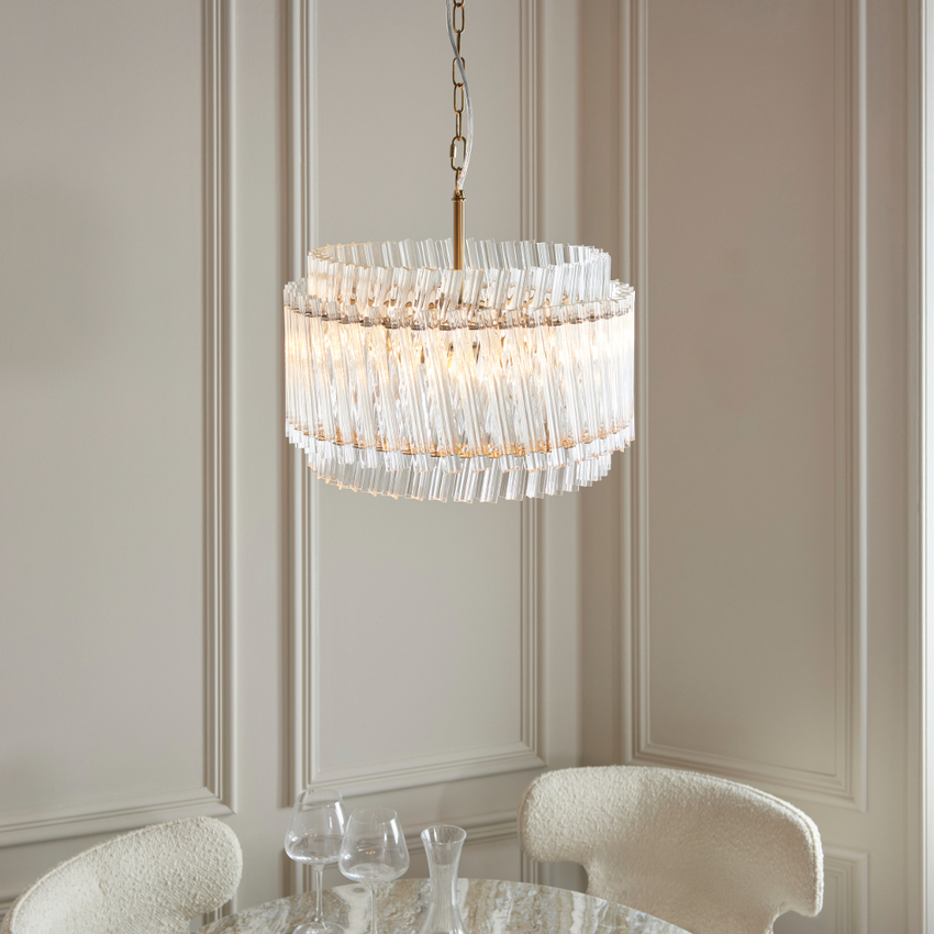 Photograph: Thorlight Salford Brushed Aged Brass Glass 3 Light Pendant