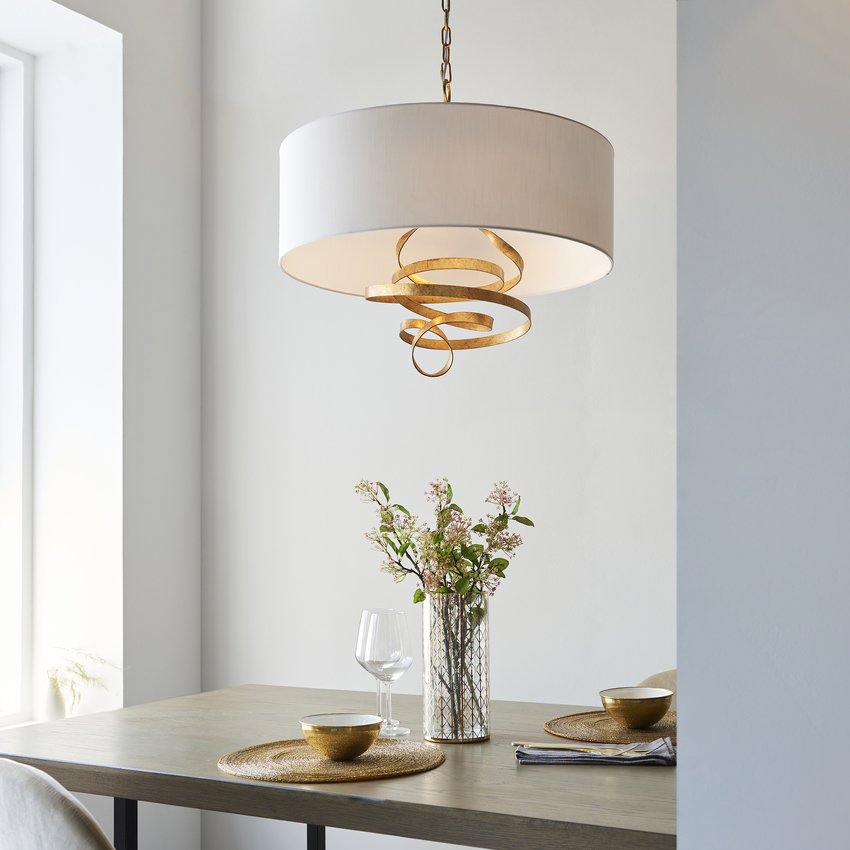 Photograph: Thorlight Talon 3 Light Pendant Gold Leaf Decorative Metalwork With Ivory Cotton Shade