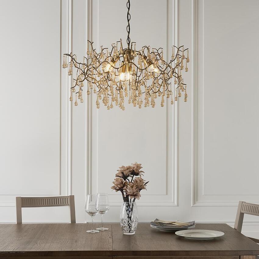 Photograph: Thorlight Tova Aged Gold Finish 4 Light Pendant Complete With Champagne Glass Teardrops