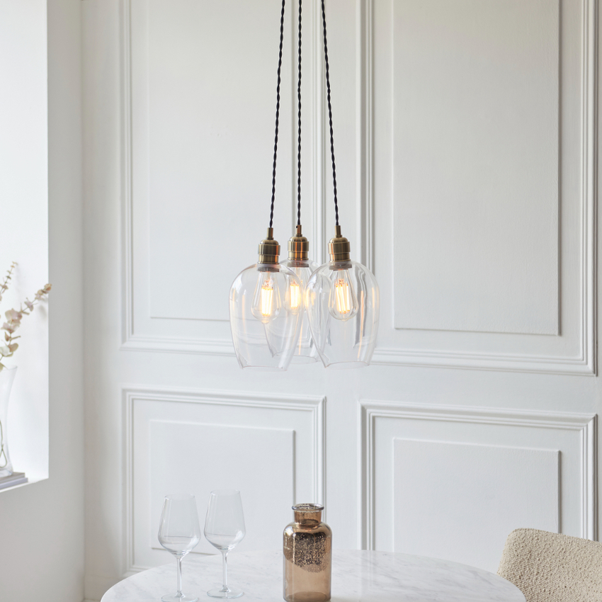 Photograph: Thorlight Trentham 3 Light Antique Brass Cluster Pendant Light Complete With Clear Glass