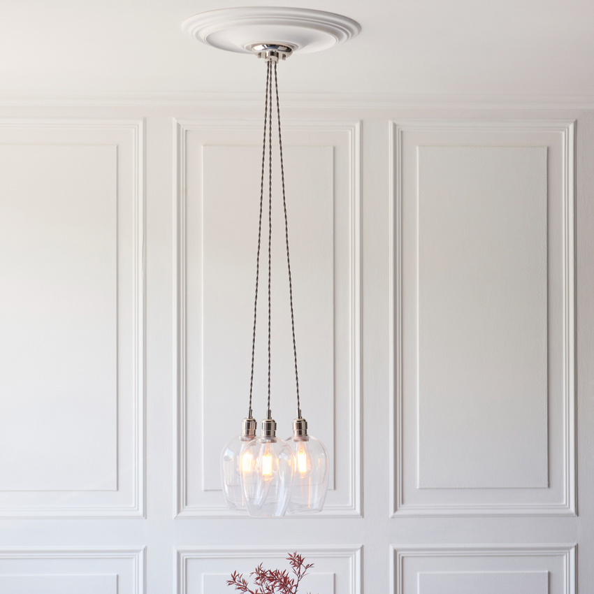 Photograph: Thorlight Trentham 3 Light Polished Nickel Cluster Pendant Light Complete With Clear Glass