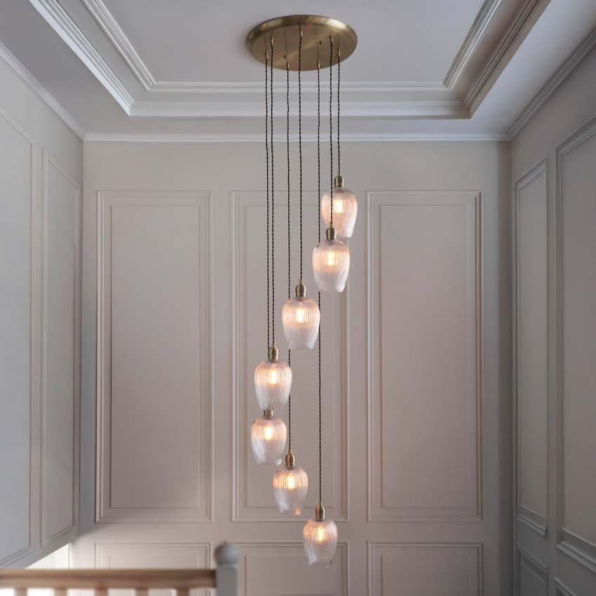 Photograph: Thorlight Trentham Large 7 Light Antique Brass Stairway Cascade Light Complete With Clear Ribbed Glass Shades