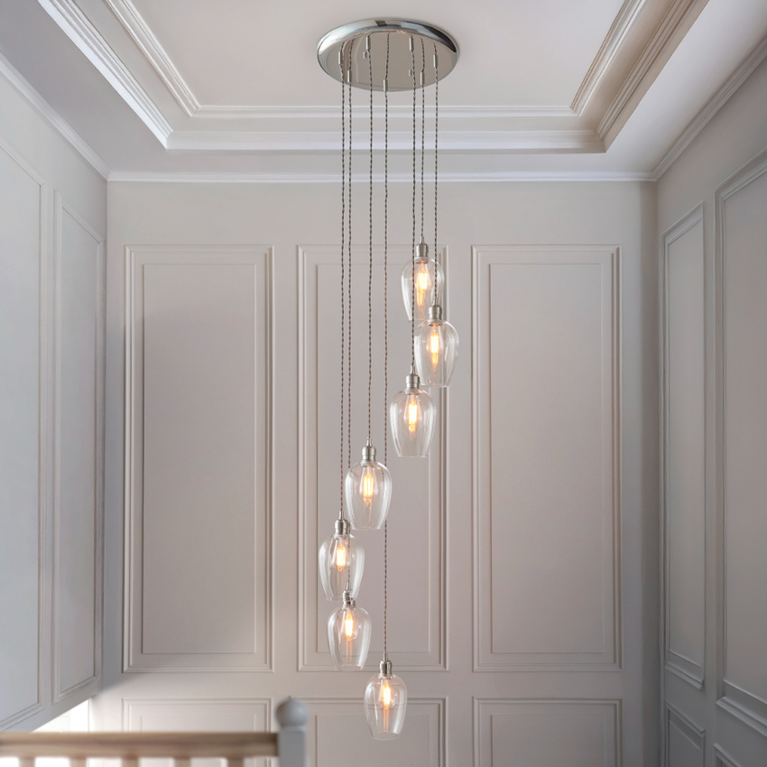 Photograph: Thorlight Trentham Large 7 Light Polished Nickel Stairway Cascade Light Complete With Clear Glass Shades