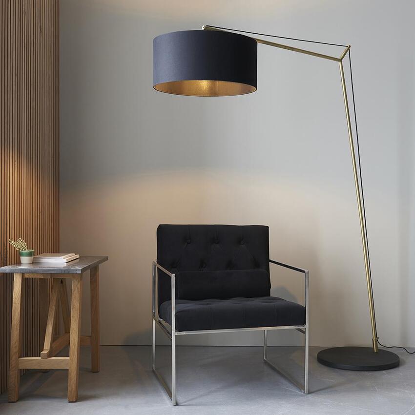 Photograph: Thorlight Yareli Matt Brass & Black Finish Large Angular Floor Lamp Complete With Black Cotton Shade