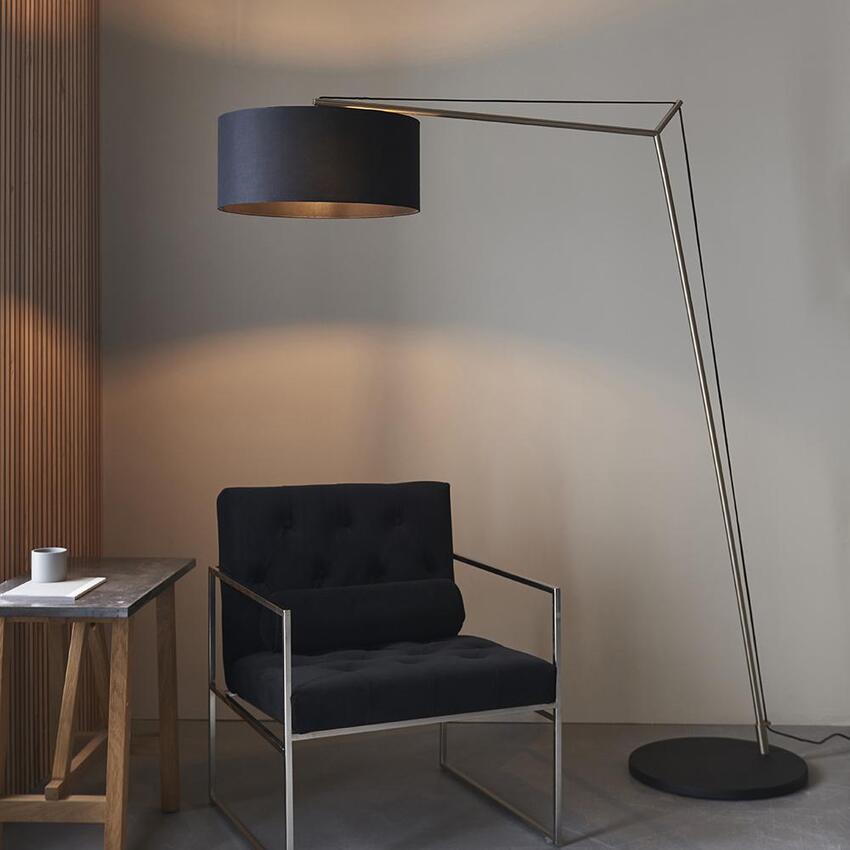 Photograph: Thorlight Yareli Matt Nickel & Black Finish Large Angular Floor Lamp Complete With Black Cotton Shade