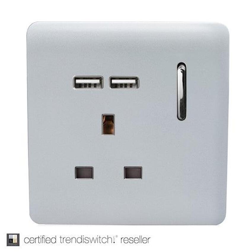 Photograph: Trendi, Artistic Modern 1 Gang 13Amp Switched Socket With 2 x USB Ports Silver Finish