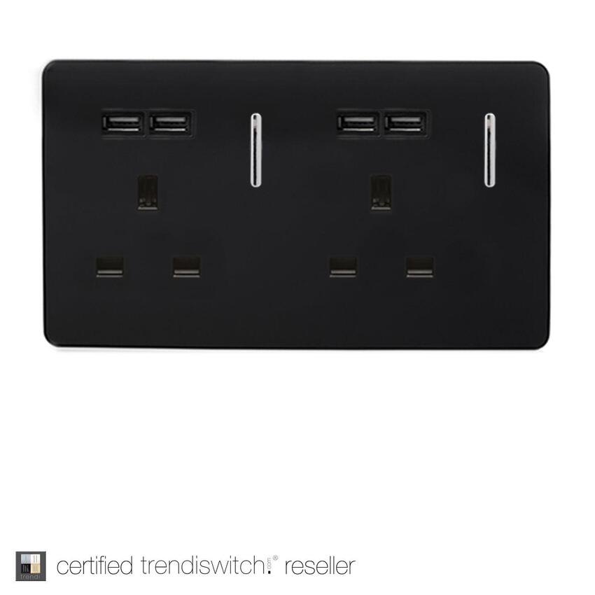 Photograph: Trendi, Artistic Modern 2 Gang 13Amp Switched Double Socket With 4X 2.1Mah USB Gloss Black Finish