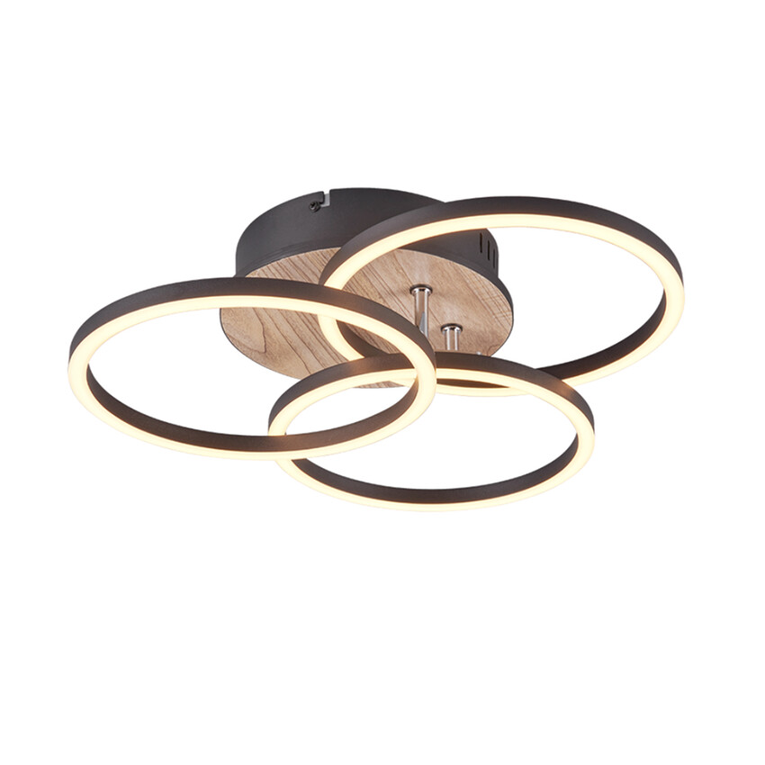 Photograph: Trio Lighting Circle Matt Black & Wood Round Flush Swivelling Ceiling Light - Remote Control