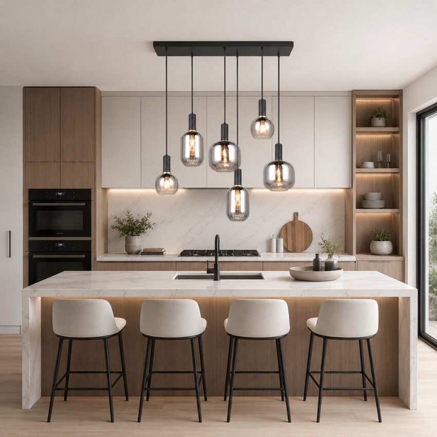 Photograph: Trio Lighting Diva 6 Light Rectangular Island Pendant Matt Black With Chrome Plated Assorted Glasses