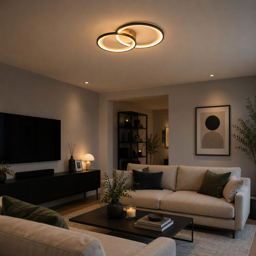 Photograph: Trio Lighting Granada Matt Black Small Double Ring Flush LED Ceiling Light - 3000K, 3 Stage Dimming