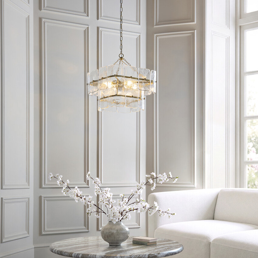 Photograph: Venice 4 Light Brushed Brass Finish Pendant Light Complete With Clear Textured Glass