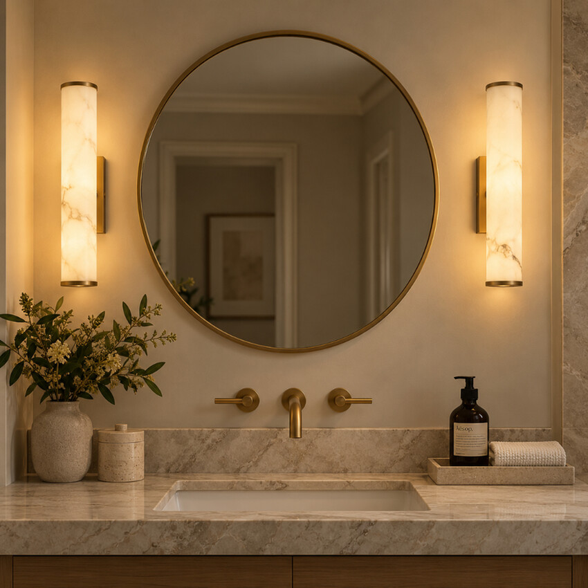 Photograph: Wales Matt Gold Metal Bathroom Wall Light Complete With Marble Resin Shade - IP44 - 3000K