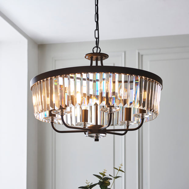 Thorlight Melia Matt Black Finish 6 Light Pendant Complete With Clear Cut Faceted Glass Drops