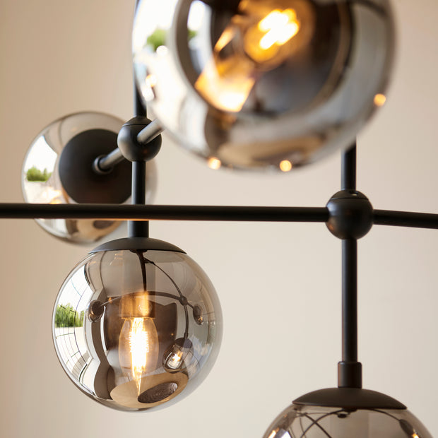 Thorlight Merlin Matt Black Finish 6 Light Pendant Complete With Smoke Glass Globes