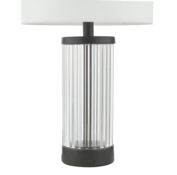 Dar Enrico Rechargeable Led Table Lamp In Satin Black With Clear Glass & White Shade