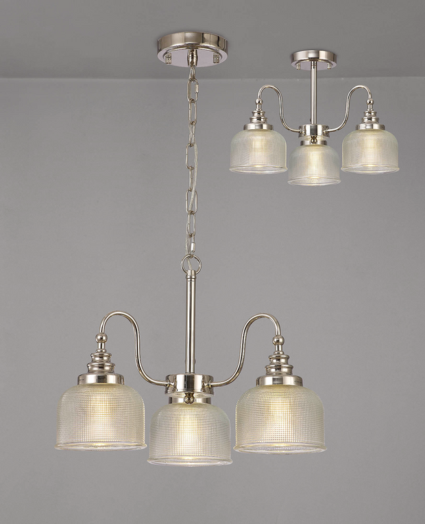 Idolite Sheridan Polished Nickel 3 Light Pendant Complete With Prismatic Glass Shades