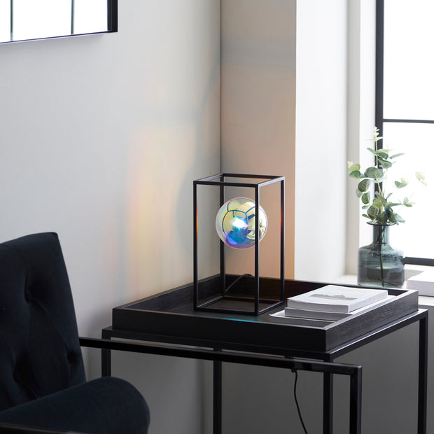Thorlight Gemi Black Open Frame Table Lamp With Iridescent Glass Globe