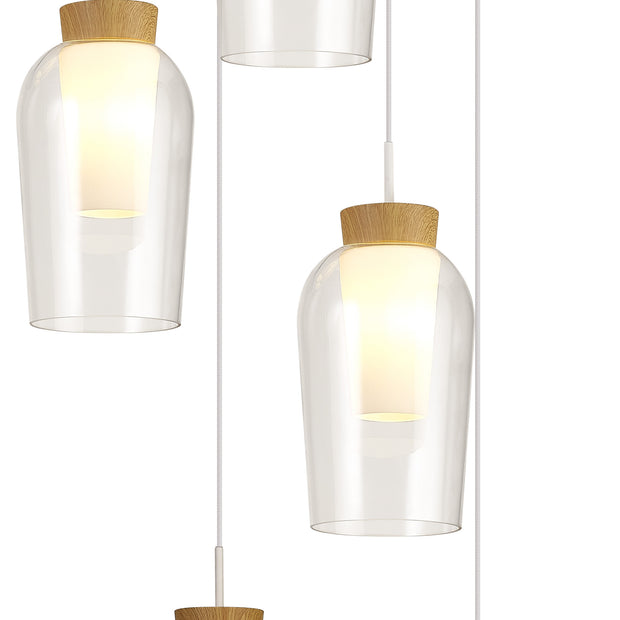 Mantra Nora White/Wood 5 Light Adjustable Stairway Pendant Light Complete With Clear Glasses And Frosted Inners