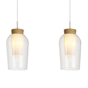Mantra Nora White/Wood 3 Light Linear Bar Pendant Light Complete With Clear Glasses And Frosted Inners