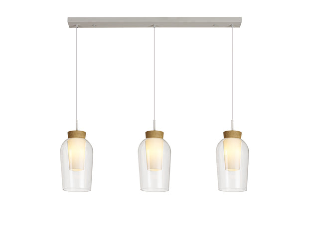 Mantra Nora White/Wood 3 Light Linear Bar Pendant Light Complete With Clear Glasses And Frosted Inners
