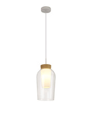 Mantra Nora White/Wood 1 Light Pendant Complete With Clear Glass And Frosted Inner