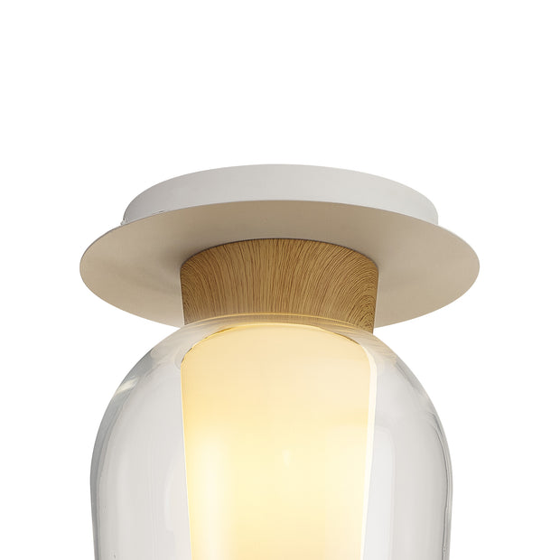 Mantra Nora White Flush Ceiling Light With Clear Glass, Frosted Inner And Wood Detailing