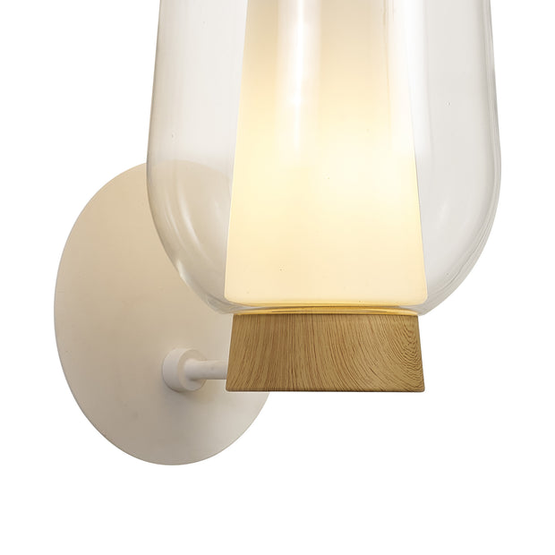 Mantra Nora White Single Wall Light With Clear Glass, Frosted Inner And Wood Detailing