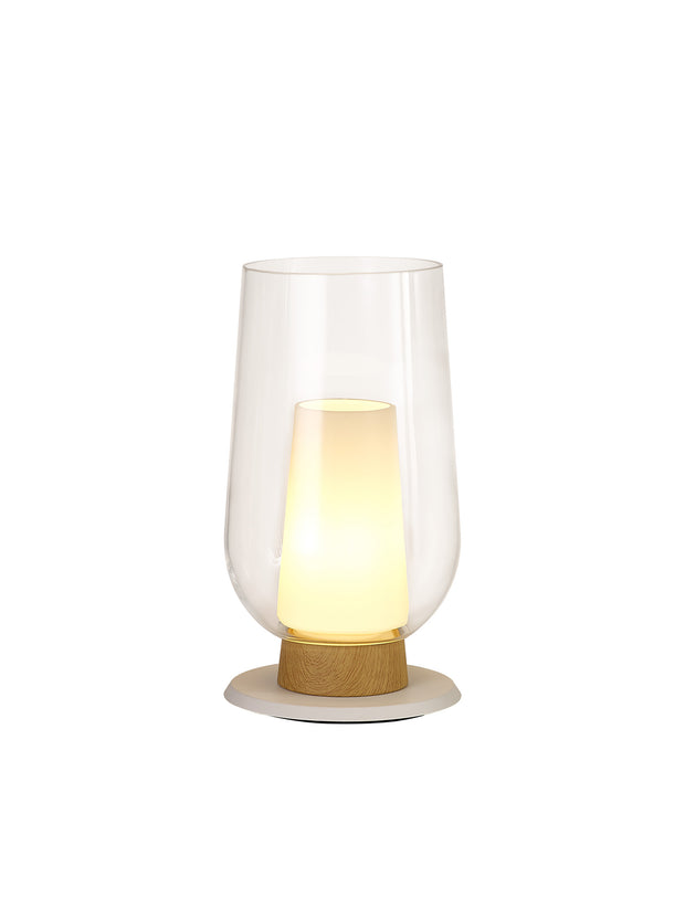 Mantra Nora White Table Lamp With Clear Glass, Frosted Inner And Wood Detailing