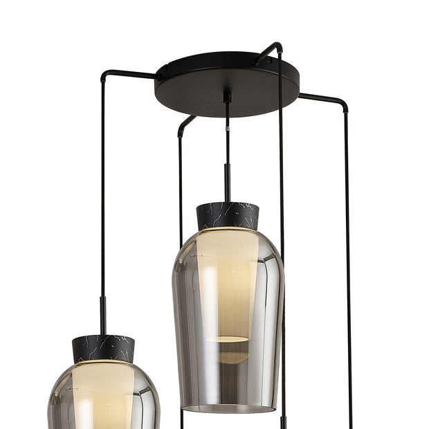 Mantra Nora Black 5 Light Adjustable Pendant Light, With Smoked Glasses, Frosted Inners And Marble Detailing