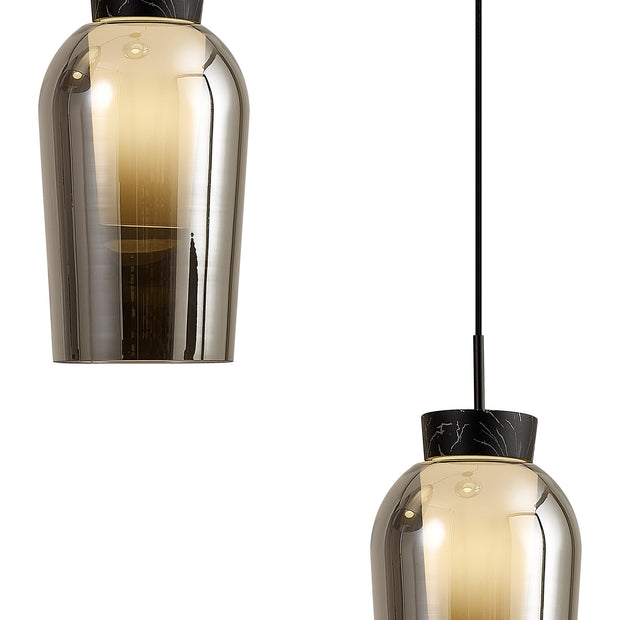 Mantra Nora Black 3 Light Adjustable Pendant Light, With Smoked Glasses, Frosted Inners And Marble Detailing