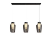 Mantra Nora Black 3 Light Linear Bar Pendant Light Complete With Smoked Glasses, Frosted Inners And Marble Detailing