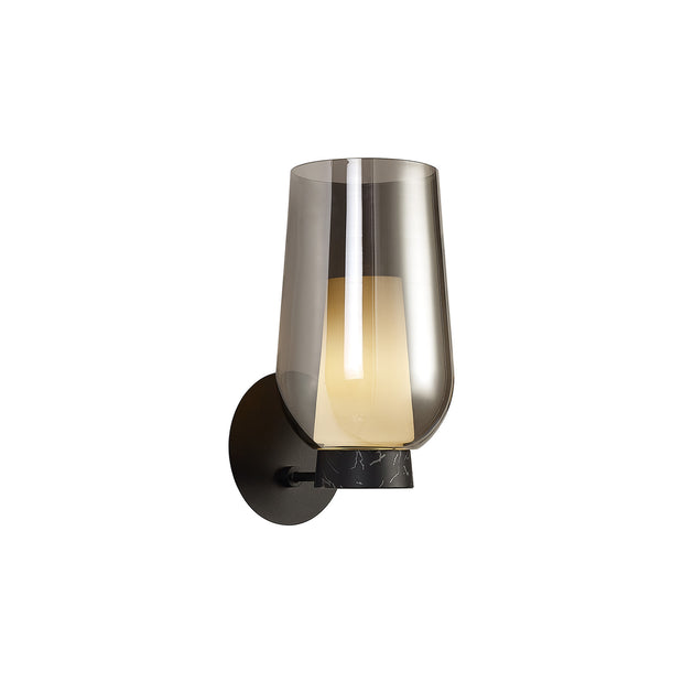 Mantra Nora Black Single Wall Light With Smoked Glass, Frosted Inner And Marble Detailing