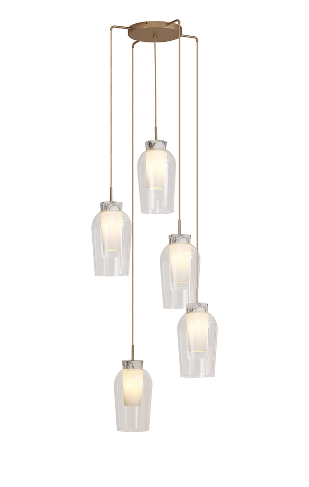 Mantra Nora Gold 5 Light Cluster Pendant With Clear Glasses, Frosted Inners And Marble Detailing