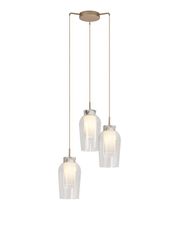 Mantra Nora Gold 3 Light Adjustable Pendant Light, With Clear Glasses, Frosted Inners And Marble Detailing