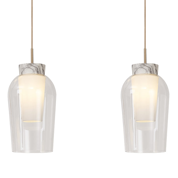 Mantra Nora Gold 3 Light Linear Bar Pendant Light Complete With Clear Glasses, Frosted Inners And Marble Detailing