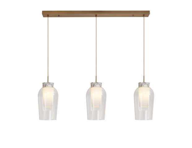 Mantra Nora Gold 3 Light Linear Bar Pendant Light Complete With Clear Glasses, Frosted Inners And Marble Detailing