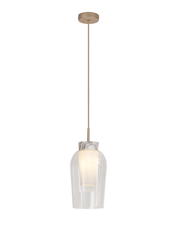Mantra Nora Gold 1 Light Pendant Complete With Clear Glass, Frosted Inner And Marble Detailing