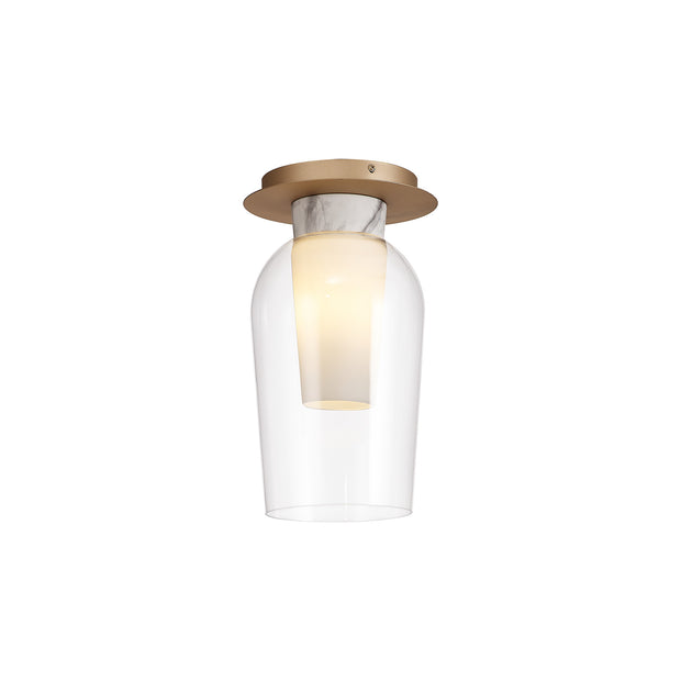 Mantra Nora Gold Flush Ceiling Light With Clear Glass, Frosted Inner And Marble Detailing