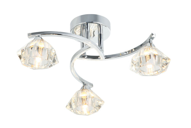 Stylish Lighting Acton Polished Chrome 3 Light Flush Ceiling Light Complete With Clear Glasses