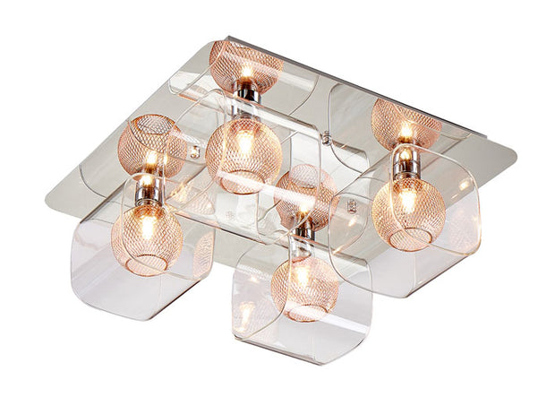 Stylish Lighting Orlando Polished Chrome 4 Light flush Ceiling Light, Complete With Copper Mesh Inners And Clear Glass Shades
