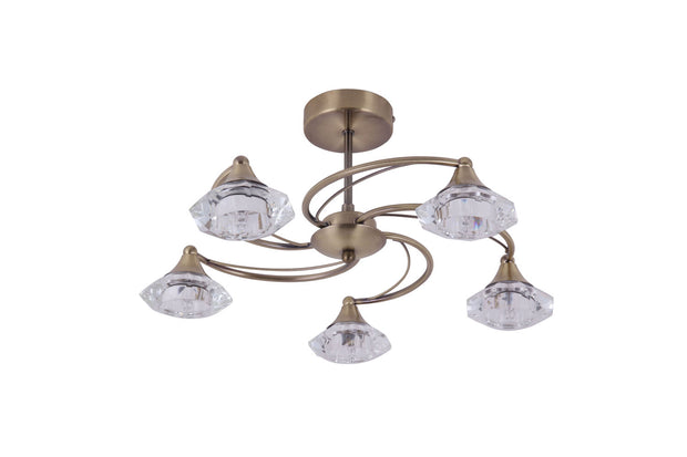 Stylish Lighting Oregon Antique Brass Semi-Flush 5 Light Ceiling Light Complete With Clear Glasses