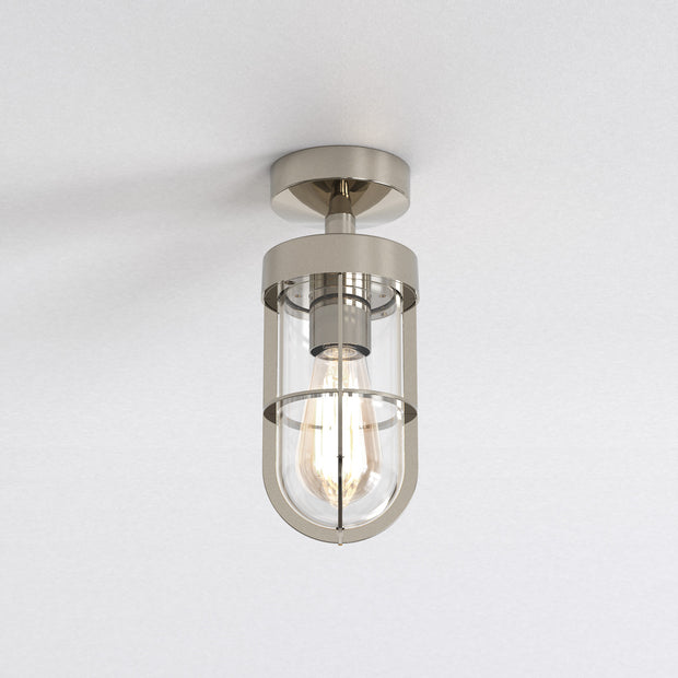 Astro Cabin Polished Nickel Semi Flush Exterior Ceiling Light Complete With Clear Glass Lens - IP44