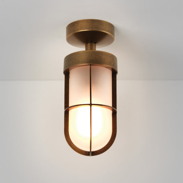 Astro Cabin Antique Brass Semi Flush Exterior Ceiling Light Complete With Frosted Glass Lens - IP44
