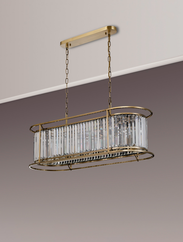 Idolite Petra 7 Light Oval Linear Bar Pendant/Semi-Flush Ceiling Light Antique Brass With Clear Crystal